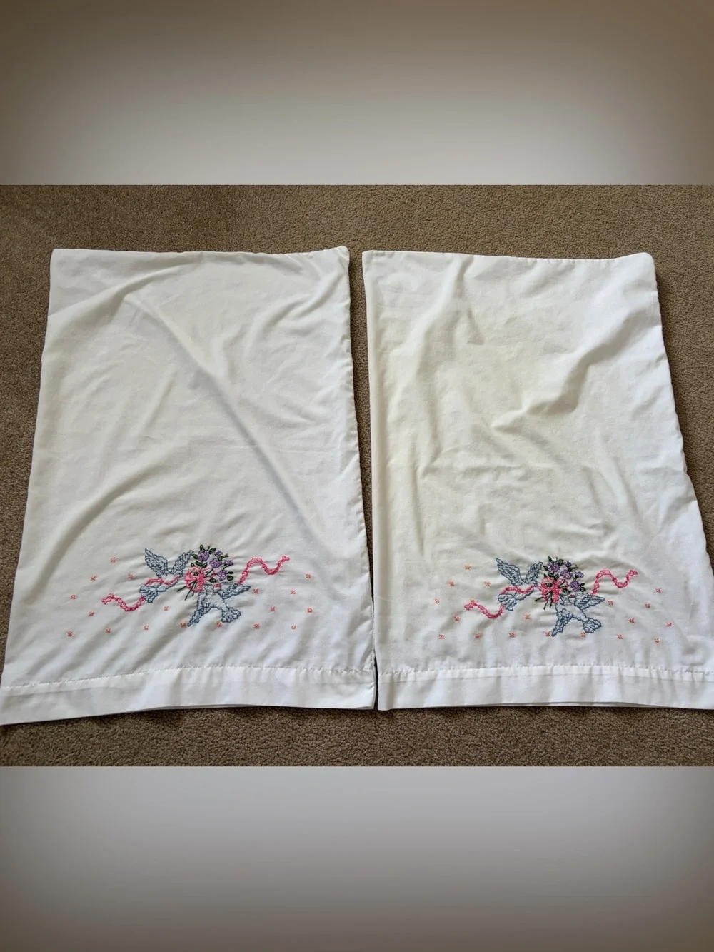 Bucilla White Pillowcases with Pink Ribbon & Multicolor Floral Embroidery - pair